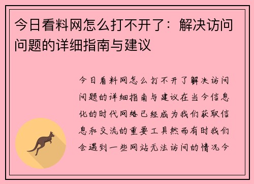 今日看料网怎么打不开了：解决访问问题的详细指南与建议